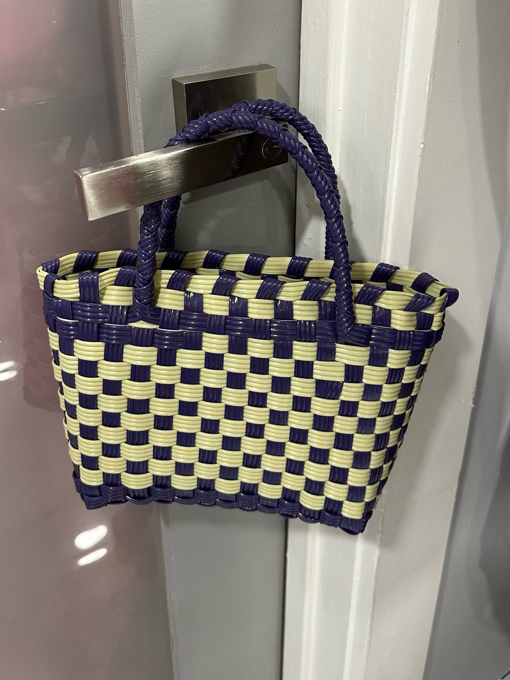 Checker Woven Tote Bag in Purple & Cream